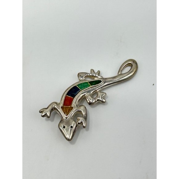 Carolyn Pollack Relios Sterling Silver Multistone Inlay Lizard Brooch Southwest - Picture 5 of 8